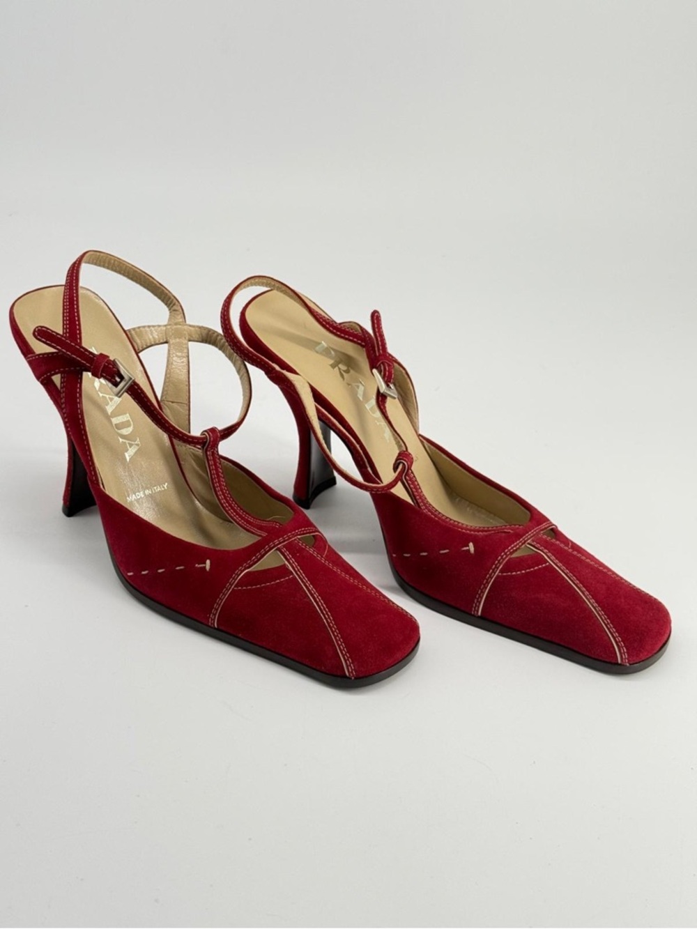 Prada Red Suede T-Strap Slingback Heels Size 37.5 - Picture 7 of 9